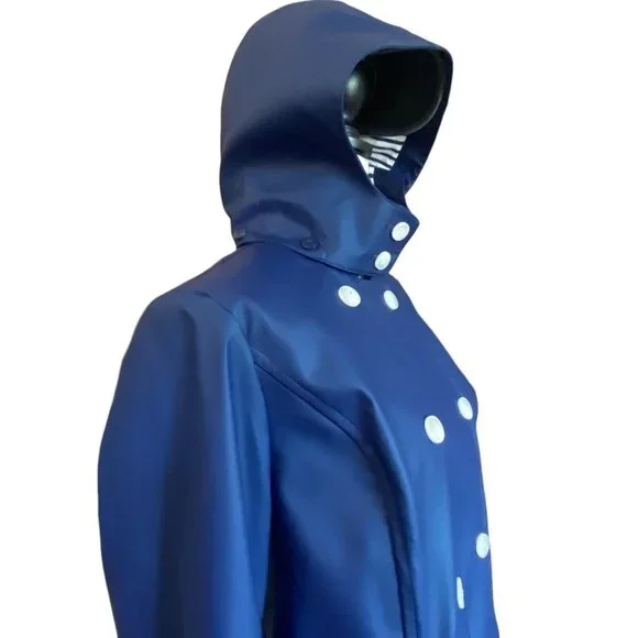 Talbots Womens Size M Rain Jacket Detachable Hood  Navy Lined White Stripe - Picture 6 of 12